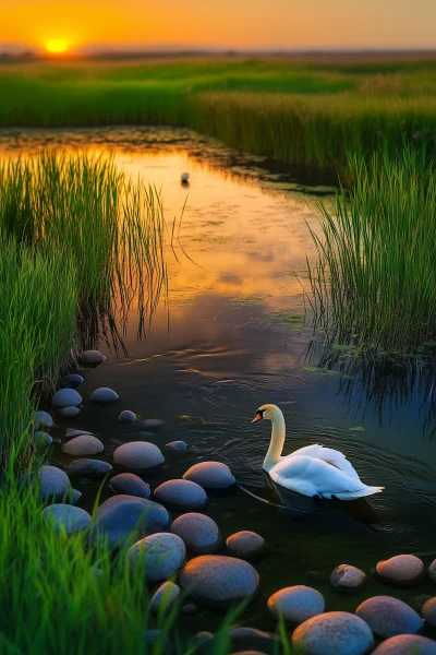 Swan in Wetland at Sunset