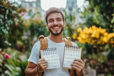 Man holding calendars in garden