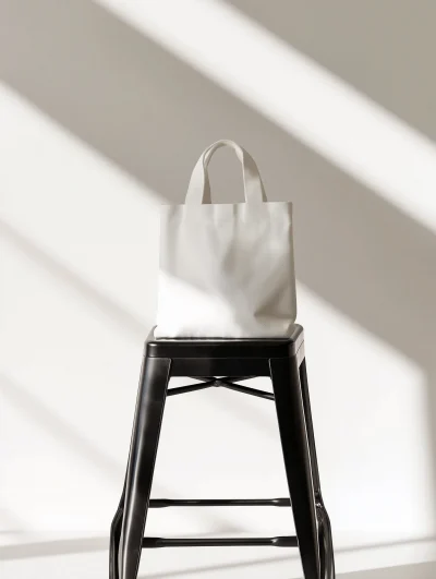 White Tote Bag on Black Tolix Stool