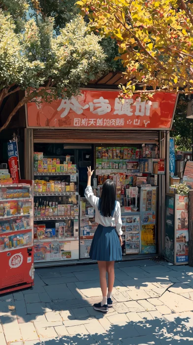 Girl Waving Next to Old Convenience Store