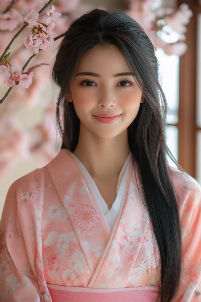 Japanese Beauty in Kimono with Cherry Blossoms