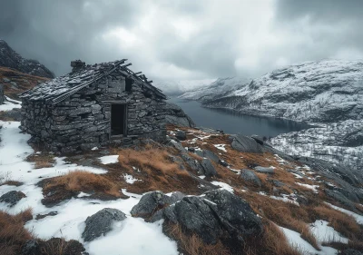 Weathered Stone Hut in Norwegian Mountain Landscape