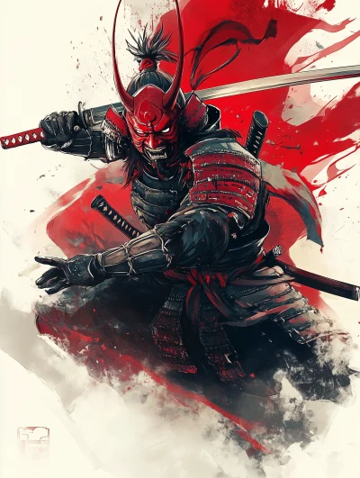 Male Samurai with Red Hanya Oni Mask