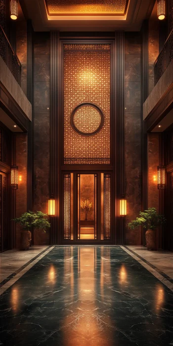 Grand Entrance in Soaring Lobby Atrium