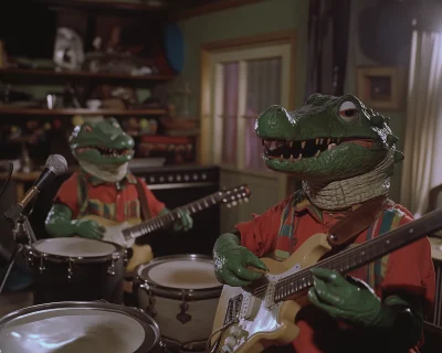 Anthropomorphic Crocodile Musicians in Recording Studio