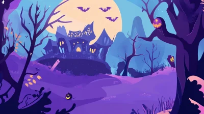 Halloween Characters in Whimsical Landscape