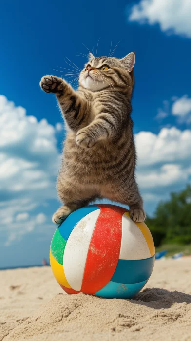 Comical Cat on Beach Volleyball