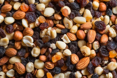 Mixed nuts and dried fruits background