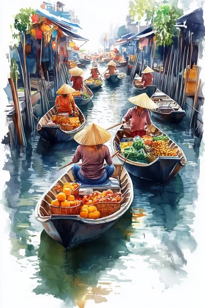 Thai Floating Market Watercolor Painting