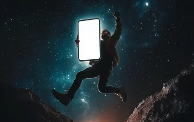 Digital Collage Art of Man Jumping with Smartphone