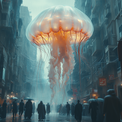 Floating Jellyfish in Cyberpunk City