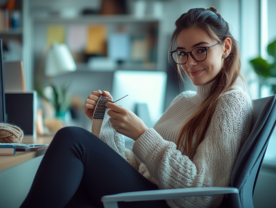 Young Woman Knitting in Office