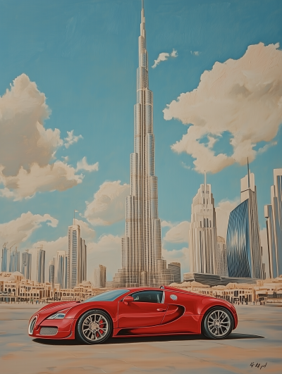 Red Bugatti at Burj Khalifa