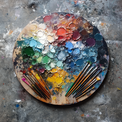 Top view of a circular painter’s palette with acrylic paint and brushes