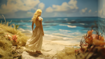 Beach Diorama with Woman in Cream Peasant Dress