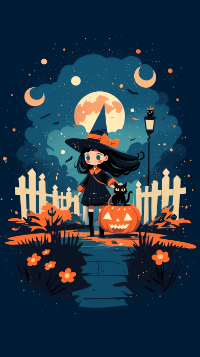 Little Witch and Black Cat Illustration