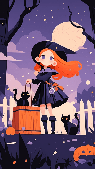 Little Witch Girl with Black Cat in Pumpkin Cart