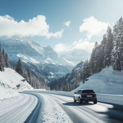 Car Driving on Snowy Mountain Road