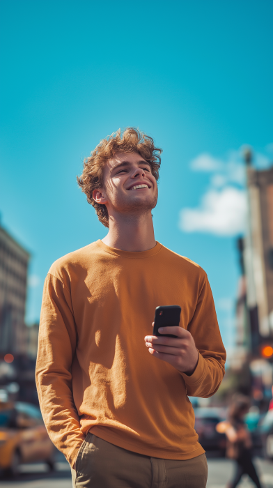 Young man with phone in city