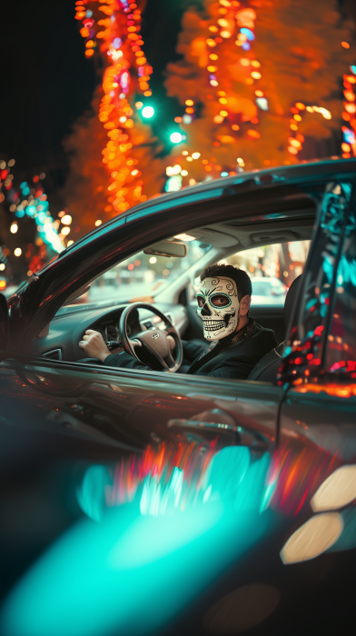 Man in Skeleton Mask in Car