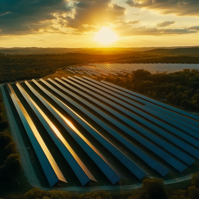 Sunset Over Solar Energy Farm