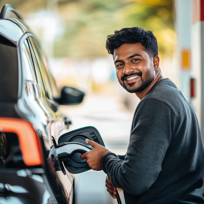 Smiling Indian Man at Charging Station