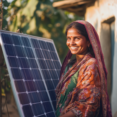 Indian Woman Next to Solar Panel