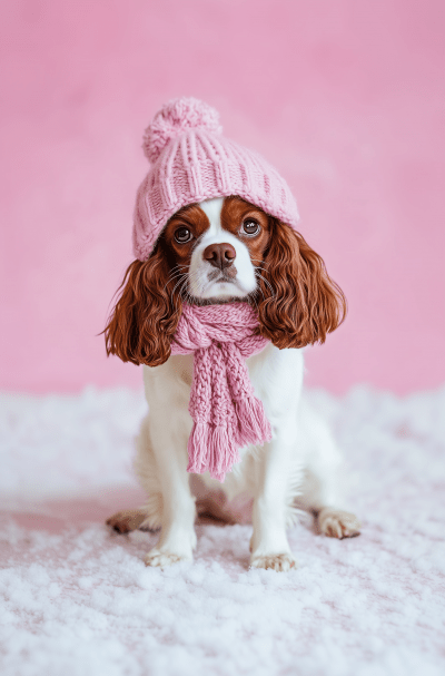 Winter Fashion Portrait of King Charles Spaniel Dog