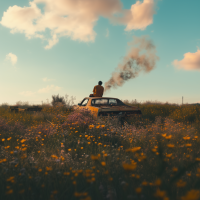 Man on Broken Car in Wildflower Field