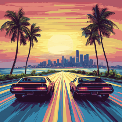 Retro 80s Sunset Scene