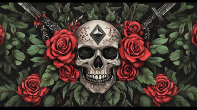 Skull with Roses and Swords