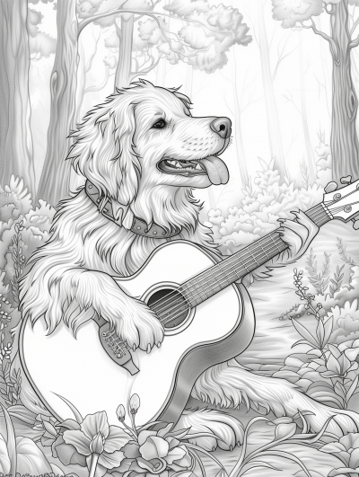 Dog Playing Ukulele in Forest