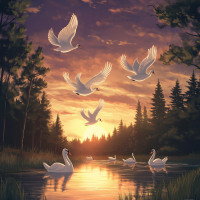 Graceful Swans in a Sunset Sky