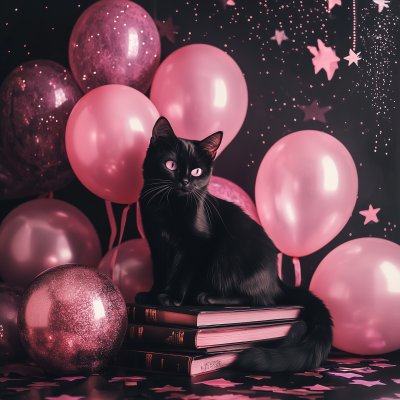 Witchy Black Cat with Balloons