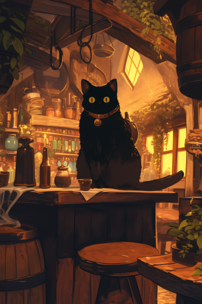 Cute Black Cat in Fantasy Tavern