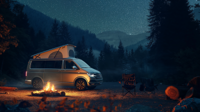 Night Campfire with Volkswagen Grand California Camper Van