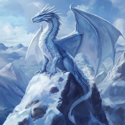 Young Ice Dragon on Snowy Mountain Peak