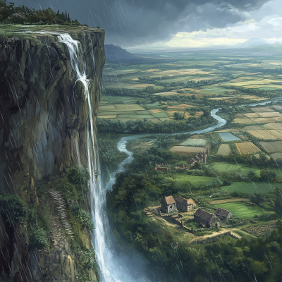 Cliffside View of Waterfall and Fields