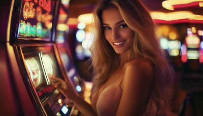 Blond woman winning at a slot machine