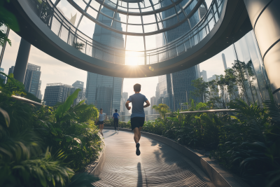 Young Man Running in Sky Garden