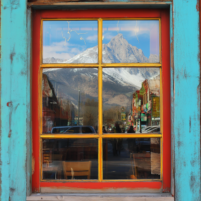 Mountain Reflection in Storefront Window