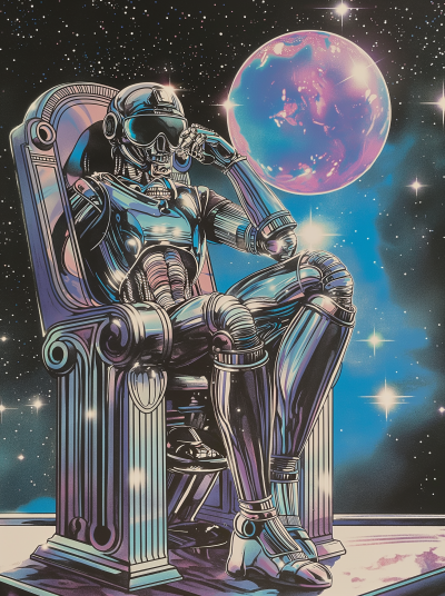 Chrome Robot on Throne in Space