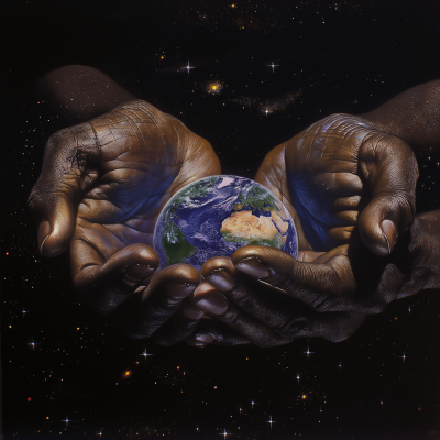 African American hands holding earth in space