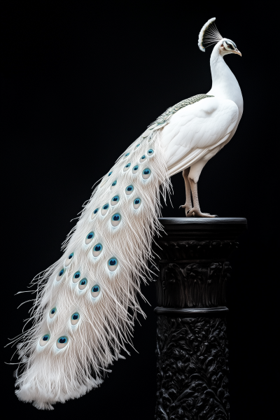 White Peacock on Black Platform