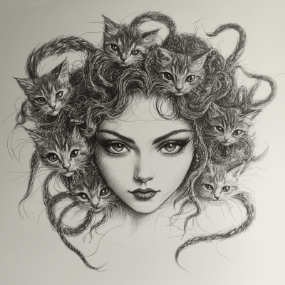 Medusa Drawing with Kitten Hair