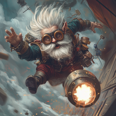 Steampunk Gnome Inventor Jumping Off Pirate Ship