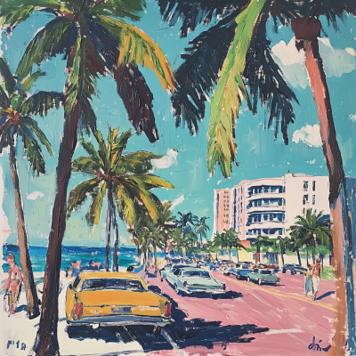 Detailed Oil Painting of 1980 Miami Ocean Drive