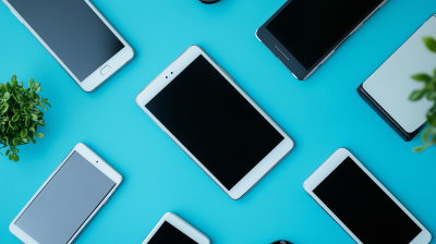 Smartphones and iPads on Blue Table