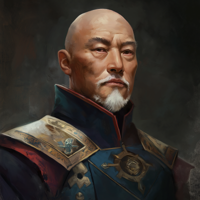 Elderly Asian man in medieval police uniform