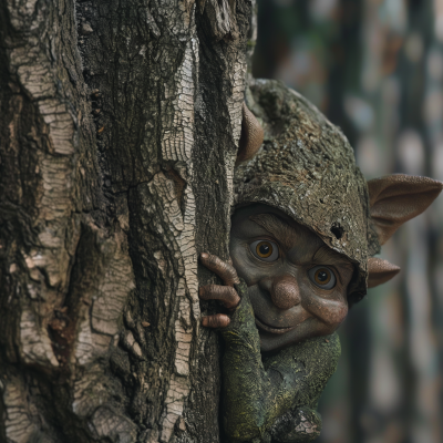 Mischievous Elf at Tree Trunk